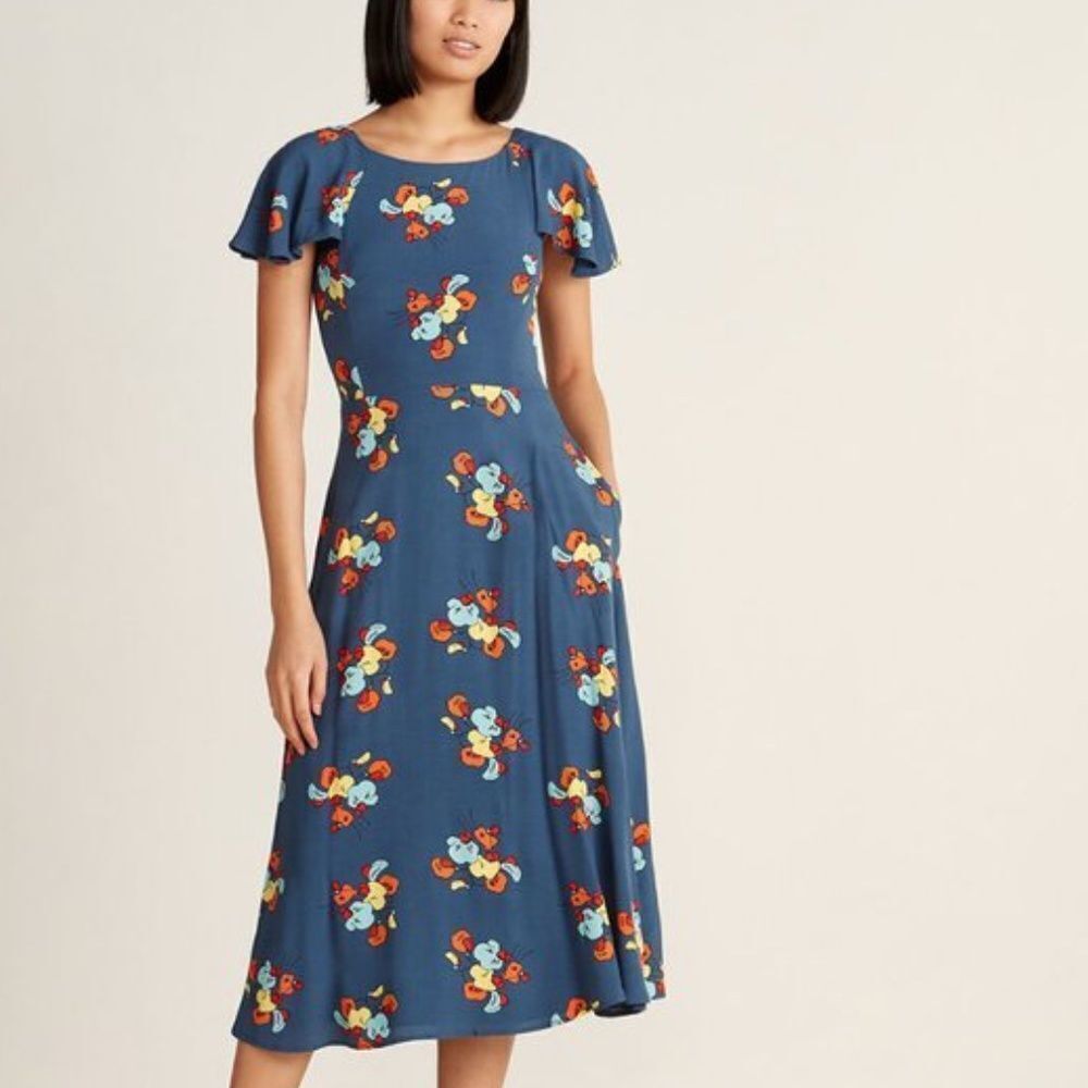 NEW Emily & Fin Celeste Blue Floral Print Cap Sleeve Midi Dress XXS